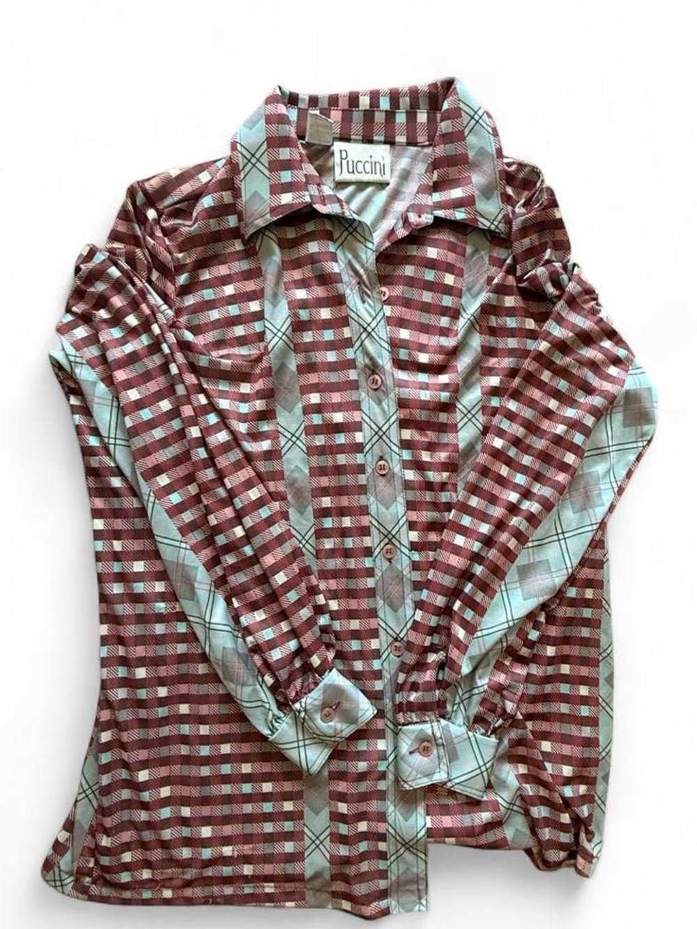 Puccini Women's Plaid Button-Up Blouse in Burgundy and Teal